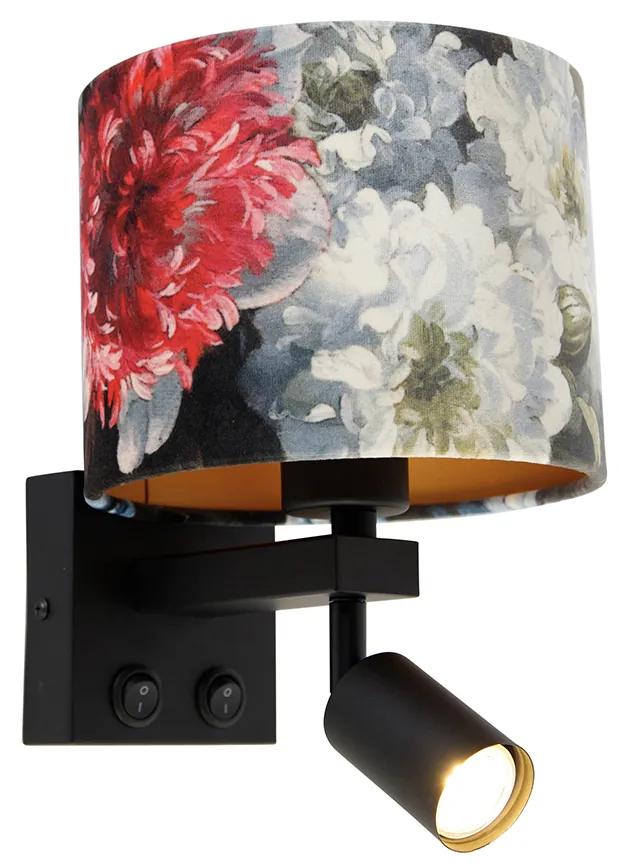 Lampada da parete nera con lampada da lettura e paralume fiori 18 cm - Brescia