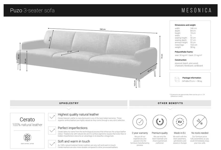 Divano in pelle rosso-marrone, 240 cm Puzo - MESONICA