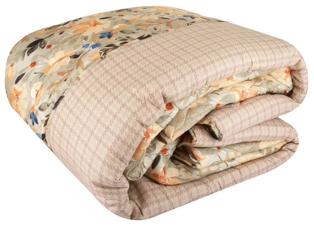 Trapunta singola beige double face fiori e pied de poule