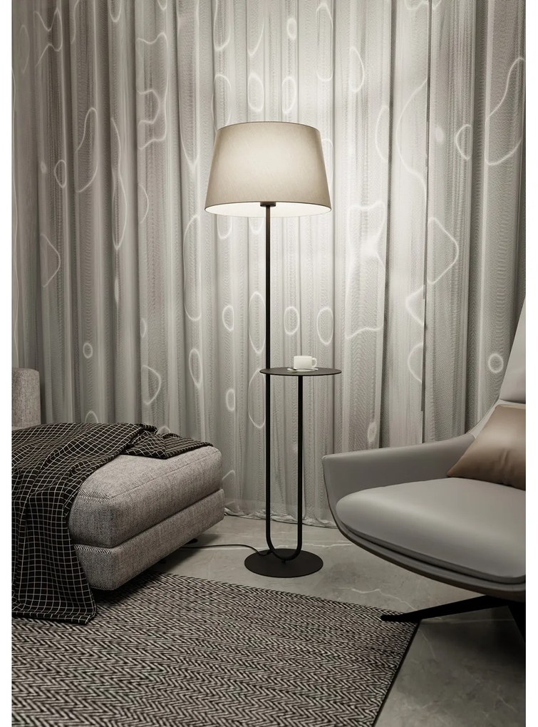 Piantana 1 Luce Horus Paralume In Tessuto Beige Con Mensola In Acciaio Nero