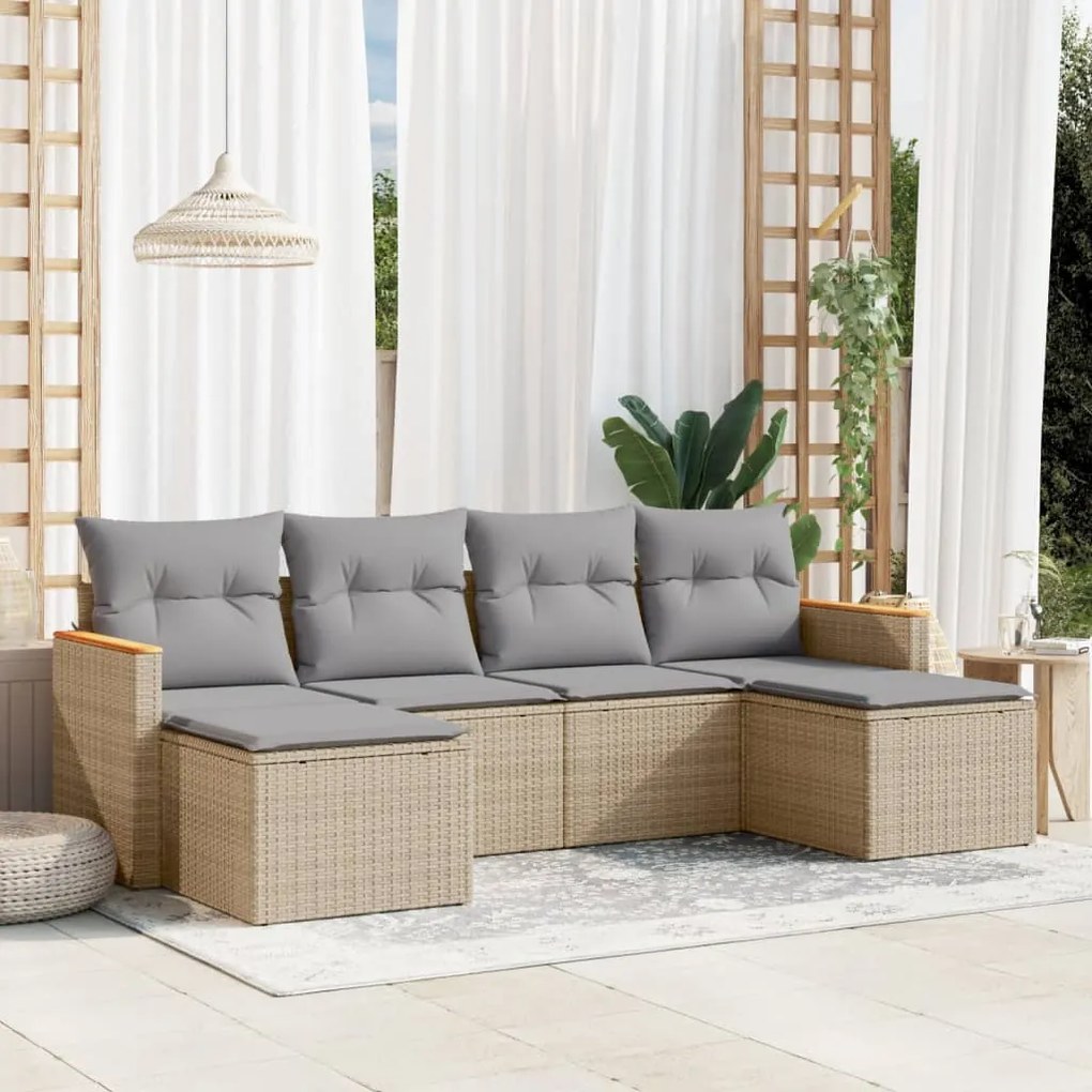 Set divano da giardino 6 pz con cuscini beige misto polyrattan