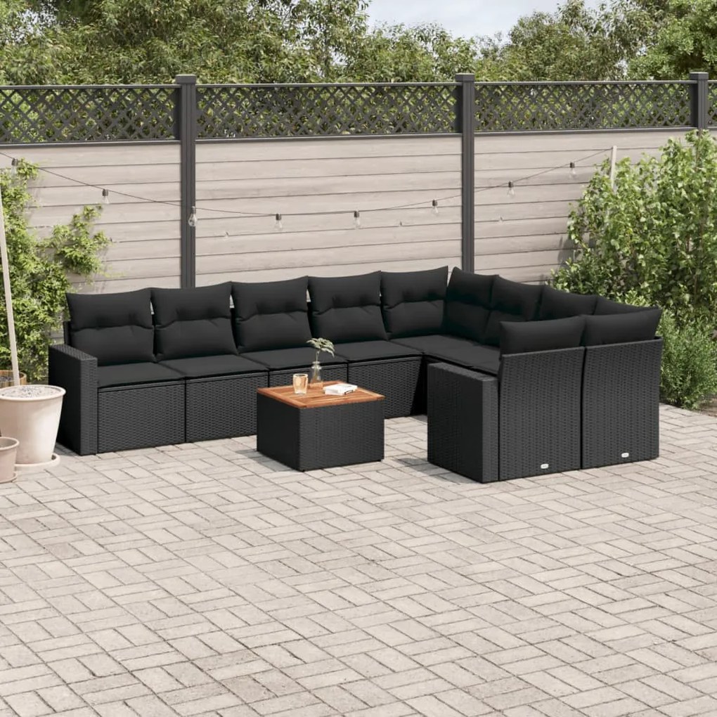 Set divani da giardino 10pz con cuscini in polyrattan nero