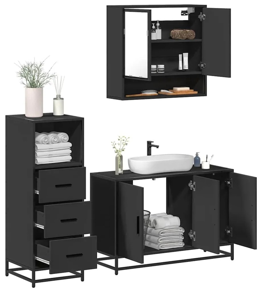 Set Mobili Da Bagno 3 Pz Nero İn Legno Multistrato /