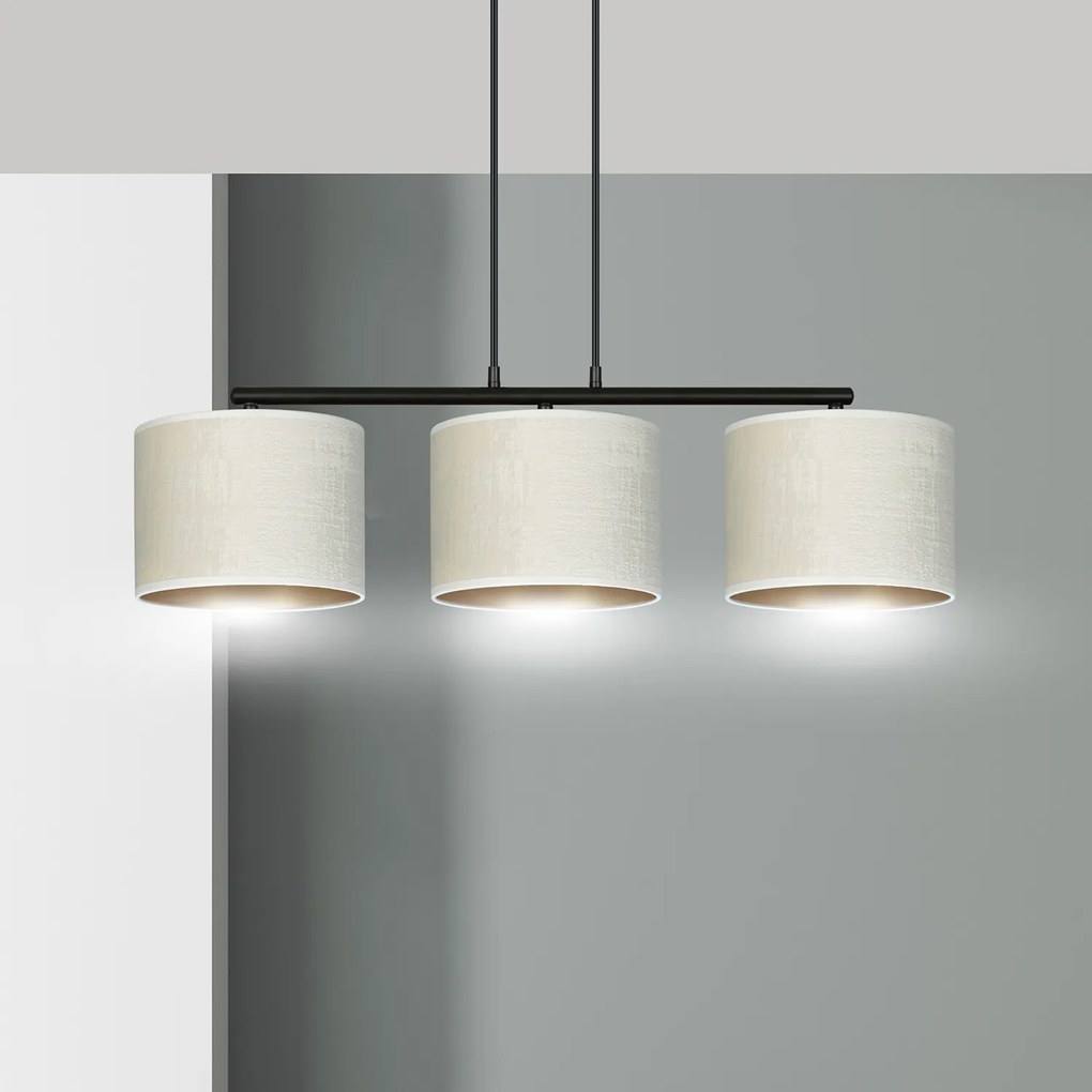 Lampadario 3 Luci Ganesha In Acciaio Nero E Paralumi In Tessuto Beige