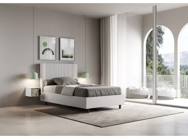 Letto contenitore imbottito 140x210 similpelle bianco Goya