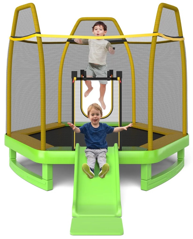 Costway Trampolino elastico per bambini con scivolo scaletta diametro 223cm, Saltarello con struttura in metallo Verde
