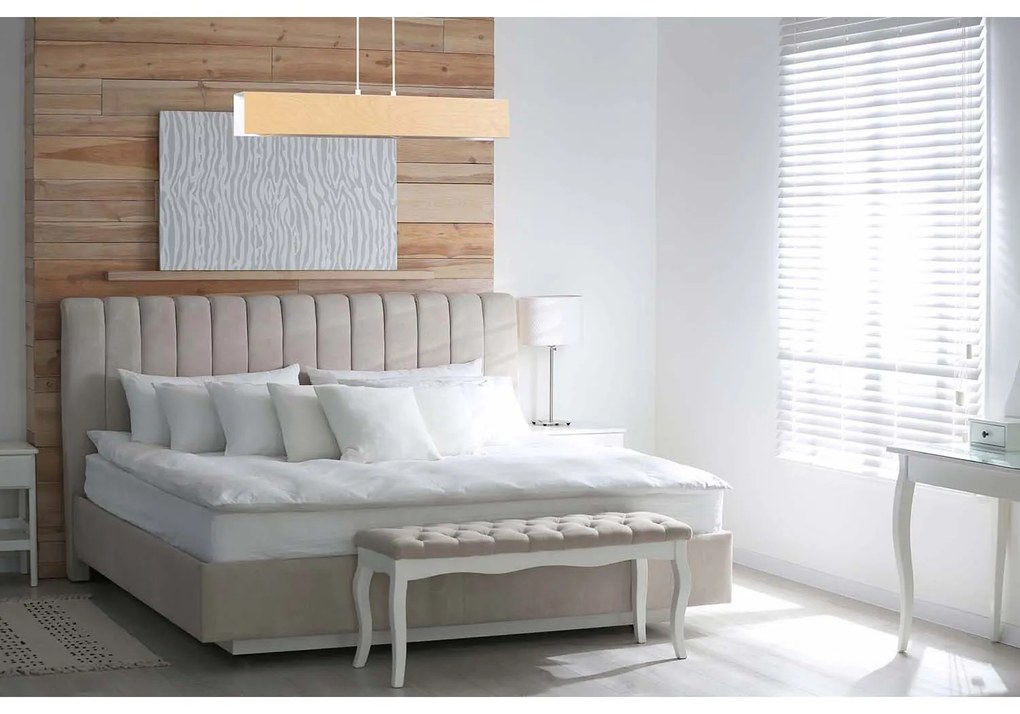 Lampadario 3 Luci Merlino In Acciaio Bianco Corpo Rettangolare E Legno Naturale