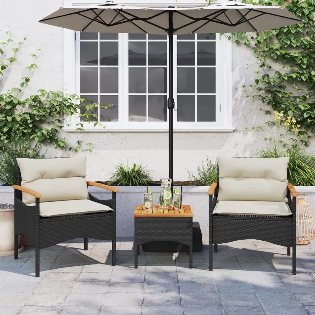 Set divani da giardino 3 pz con cuscini in polyrattan nero