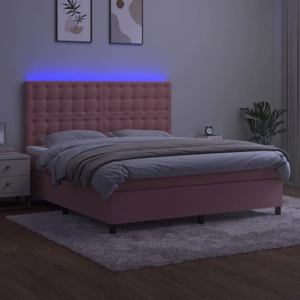 Letto a molle con materasso e led rosa 180x200 cm in velluto