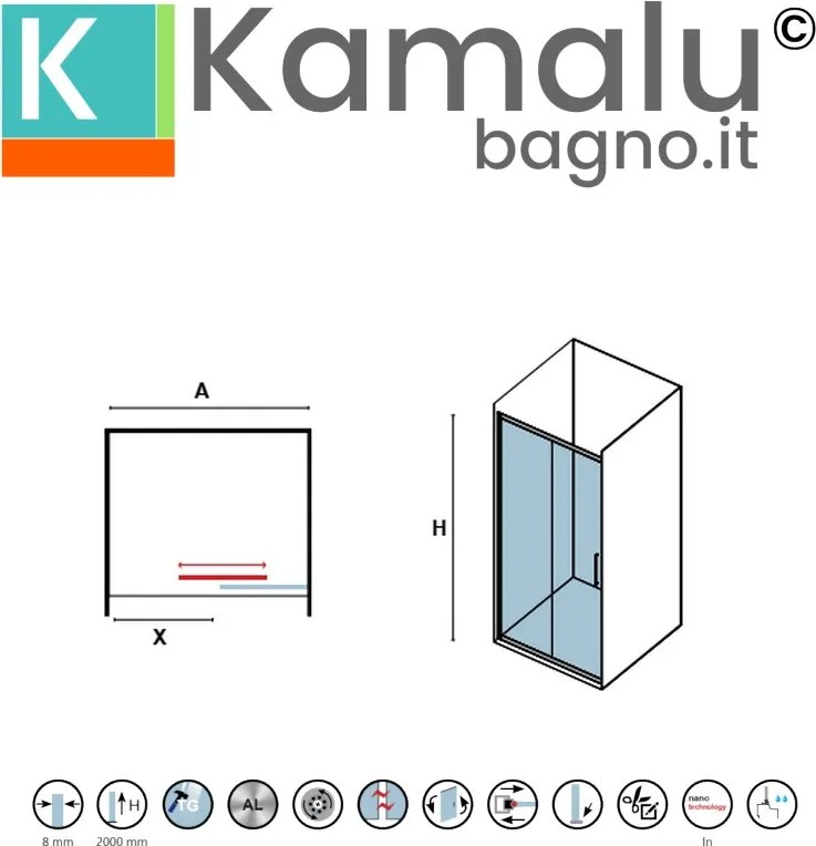 Kamalu - Porta doccia scorrevole 180 cm nera opaca senza profili | KNM4000N