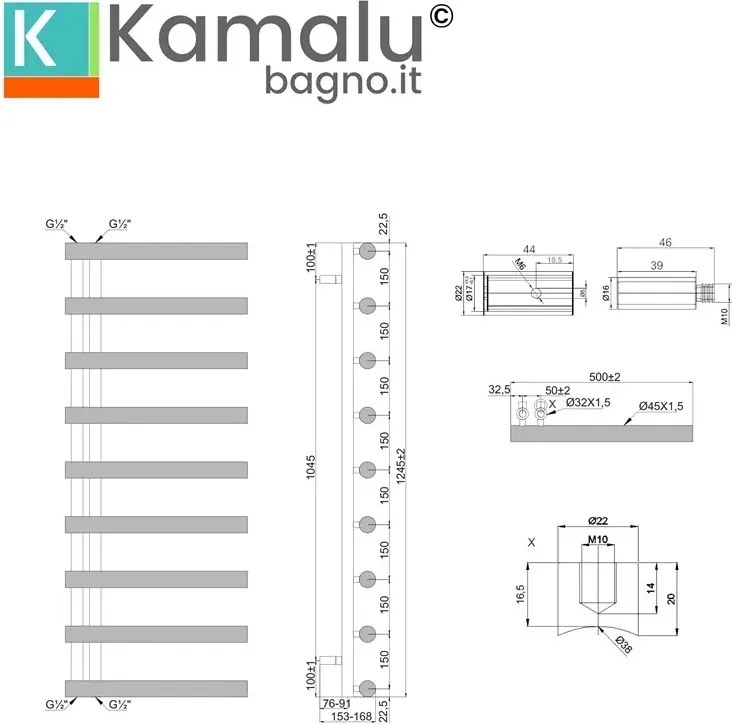 Termoarredo scaldasalviette 1245x500mm interasse 50mm KAM-D2009 - KAMALU