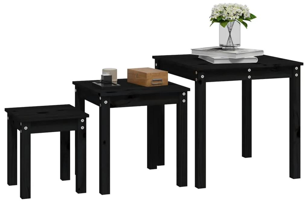 Tavolini a incastro 3 pz nero in legno massello di pino