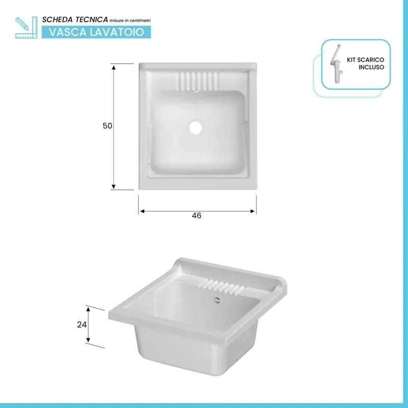 Mobile lavatoio 45x50 cm bianco in kit di montaggio con vasca e asse Ikaro