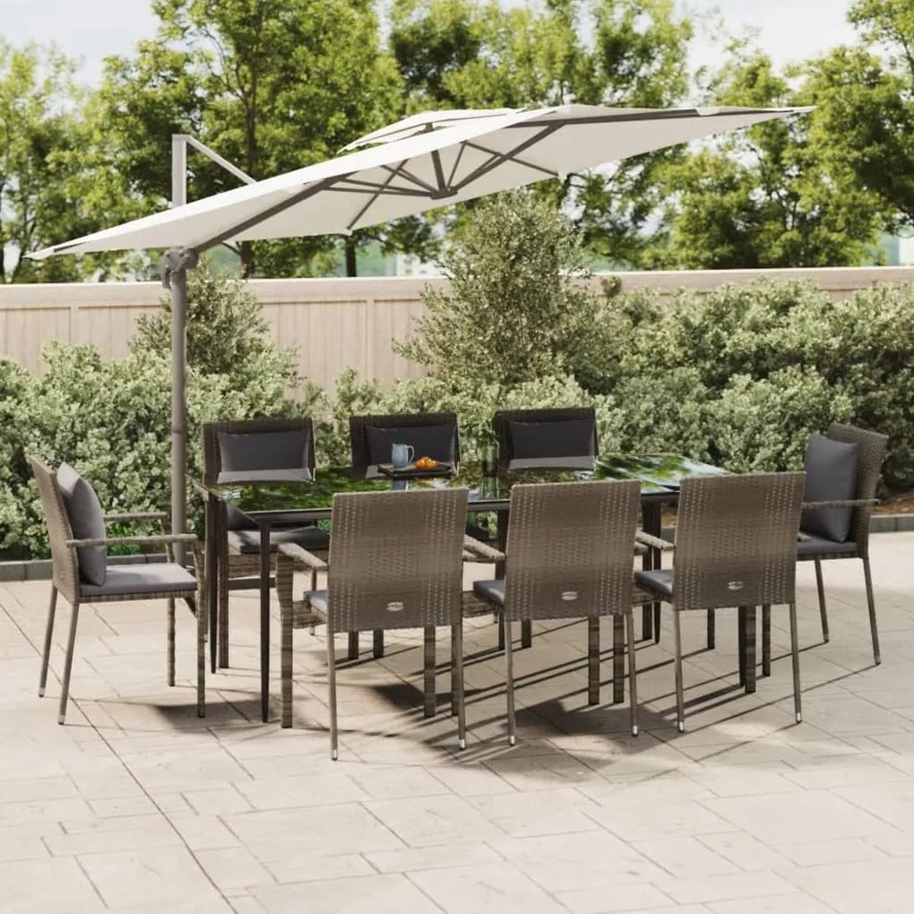 Set da pranzo giardino 9pz con cuscini nero e grigio polyrattan