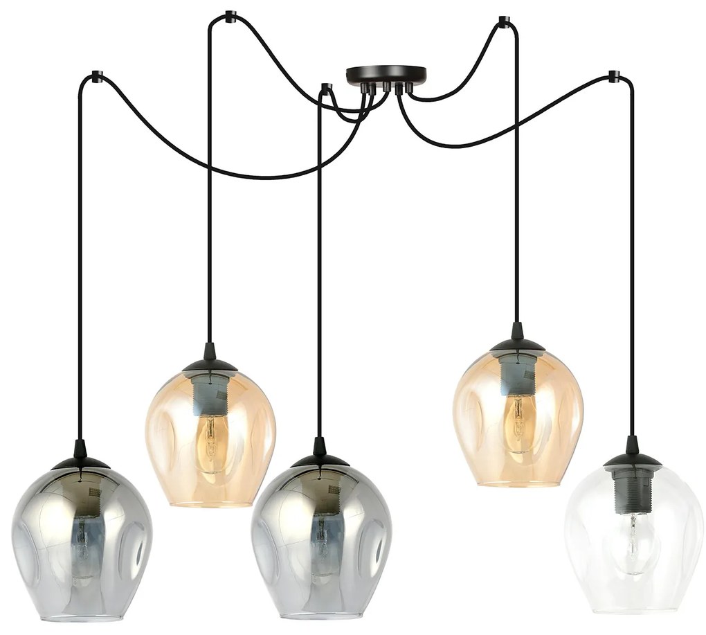 Sospensione 5 Luci Parsifal In Acciaio Nero E Vetro Multicolor Con Cavi Lunghi