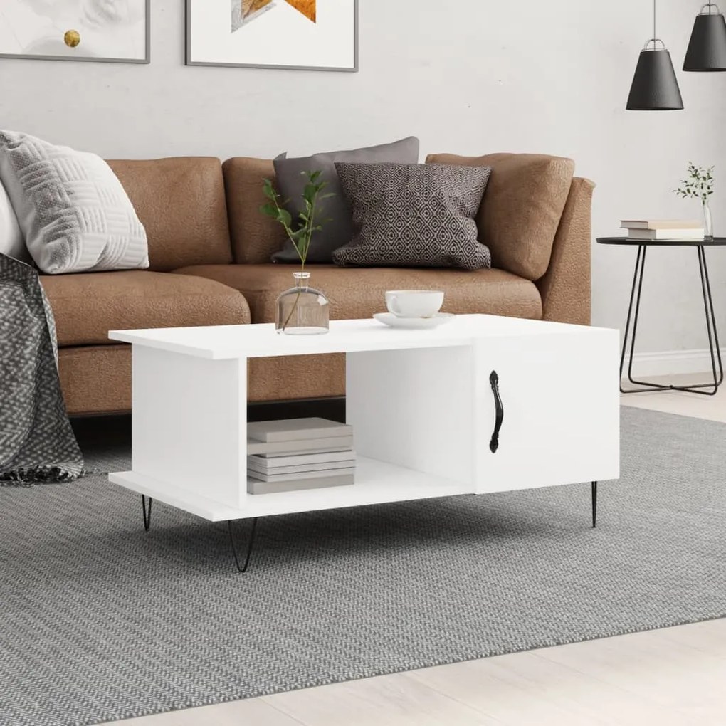Tavolino Da Salotto Bianco 90x50x40 Cm İn Legno Multistrato /