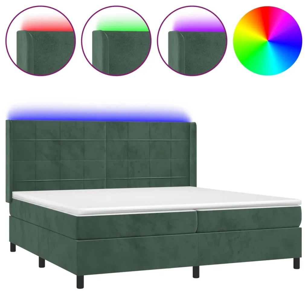 Letto a molle con materasso e led verde scuro 200x200cm velluto