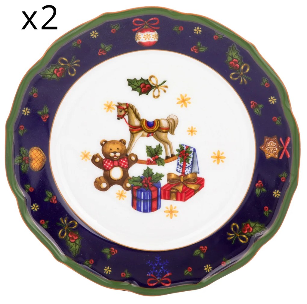 Set 2 piatti frutta natalizi porcellana bordo blu
