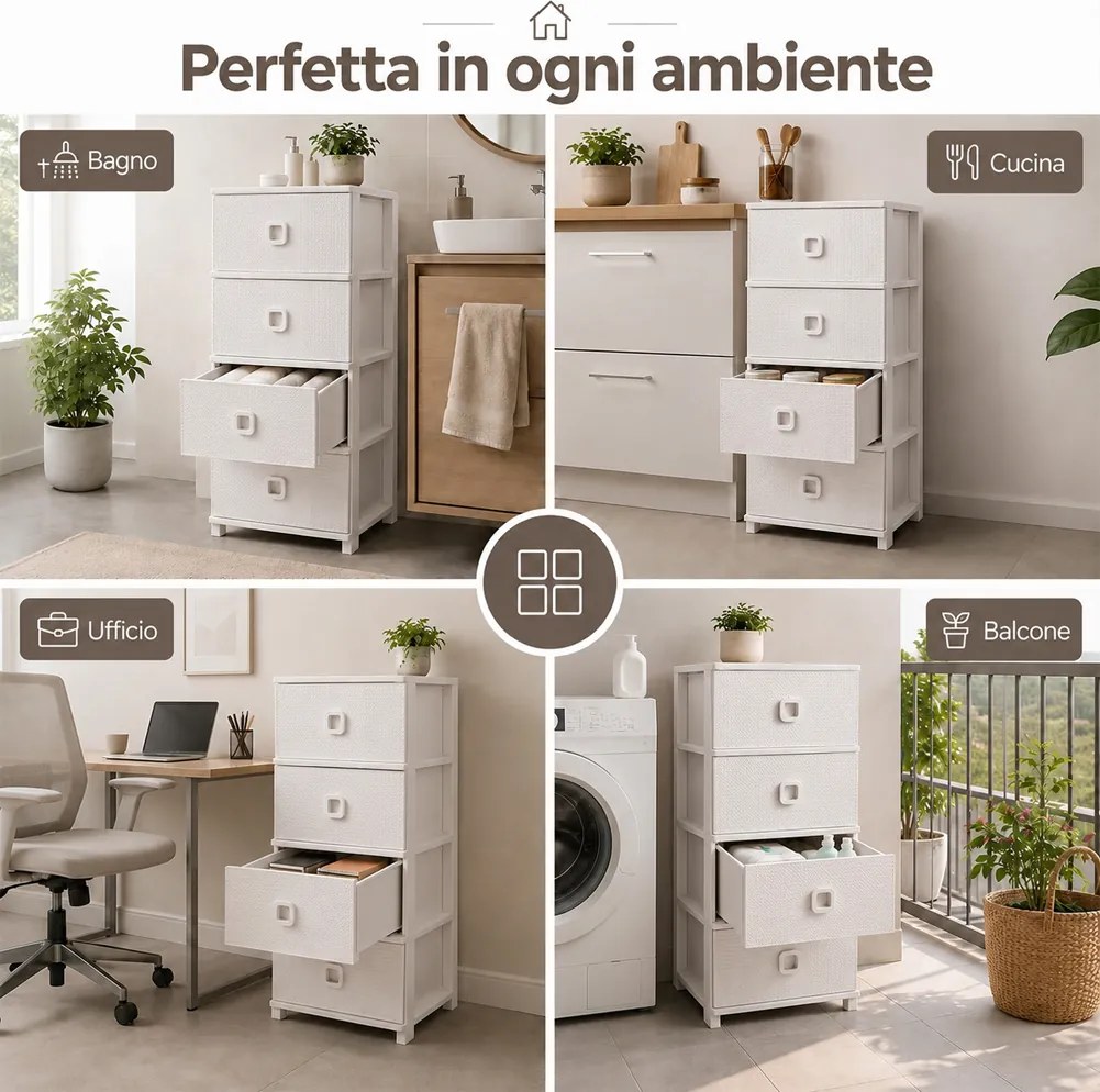 Cassettiera 37x37,5x80 cm Pratika Kool Multiuso con 4 Cassetti in Plastica Bianco...