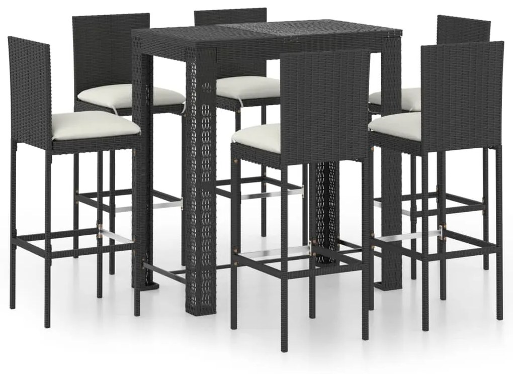 Set bar da giardino 7 pz con cuscini in polyrattan nero