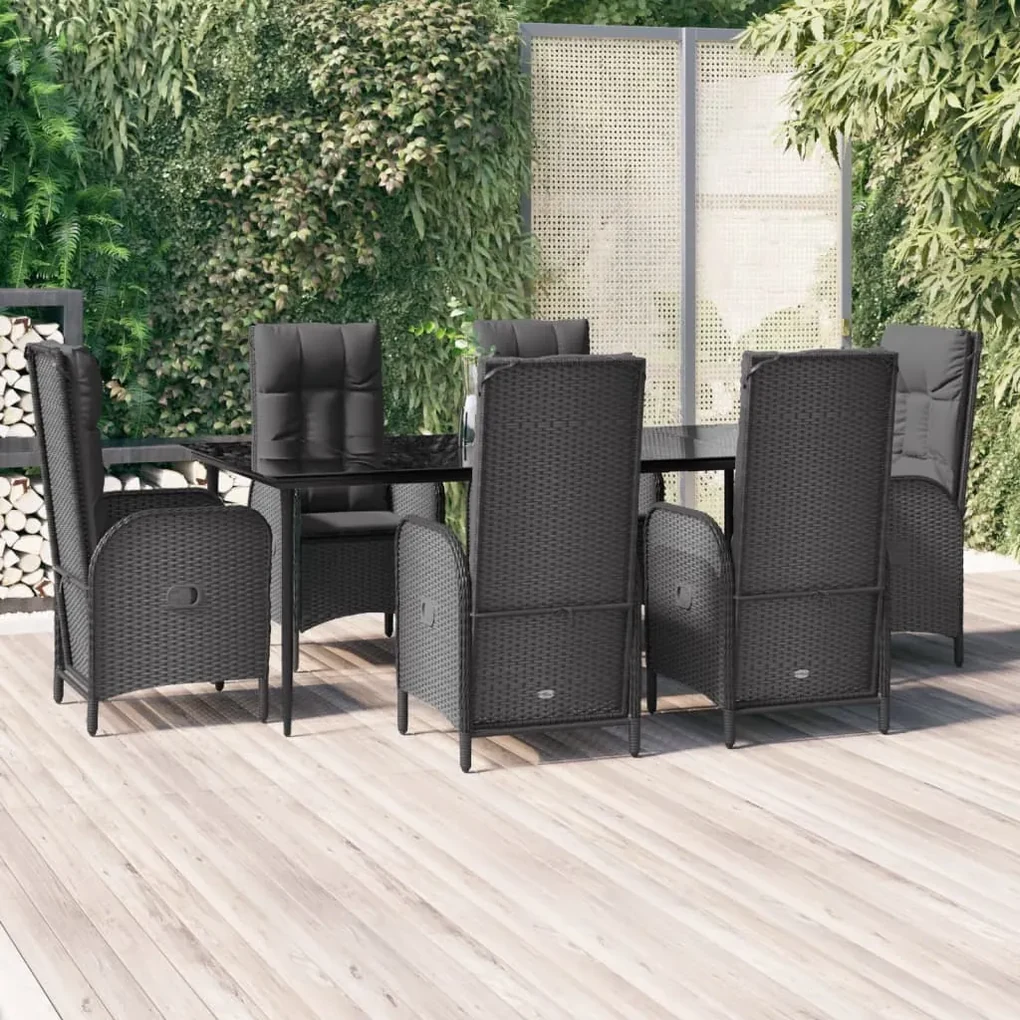 Set da pranzo da giardino 7 pz nero con cuscini in polyrattan