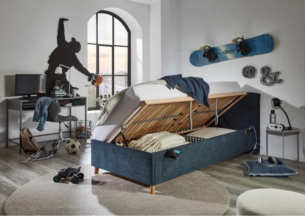 Letto da bambini blu scuro imbottito con contenitore con rete inclusa 120x200 cm Fun – Meise Möbel