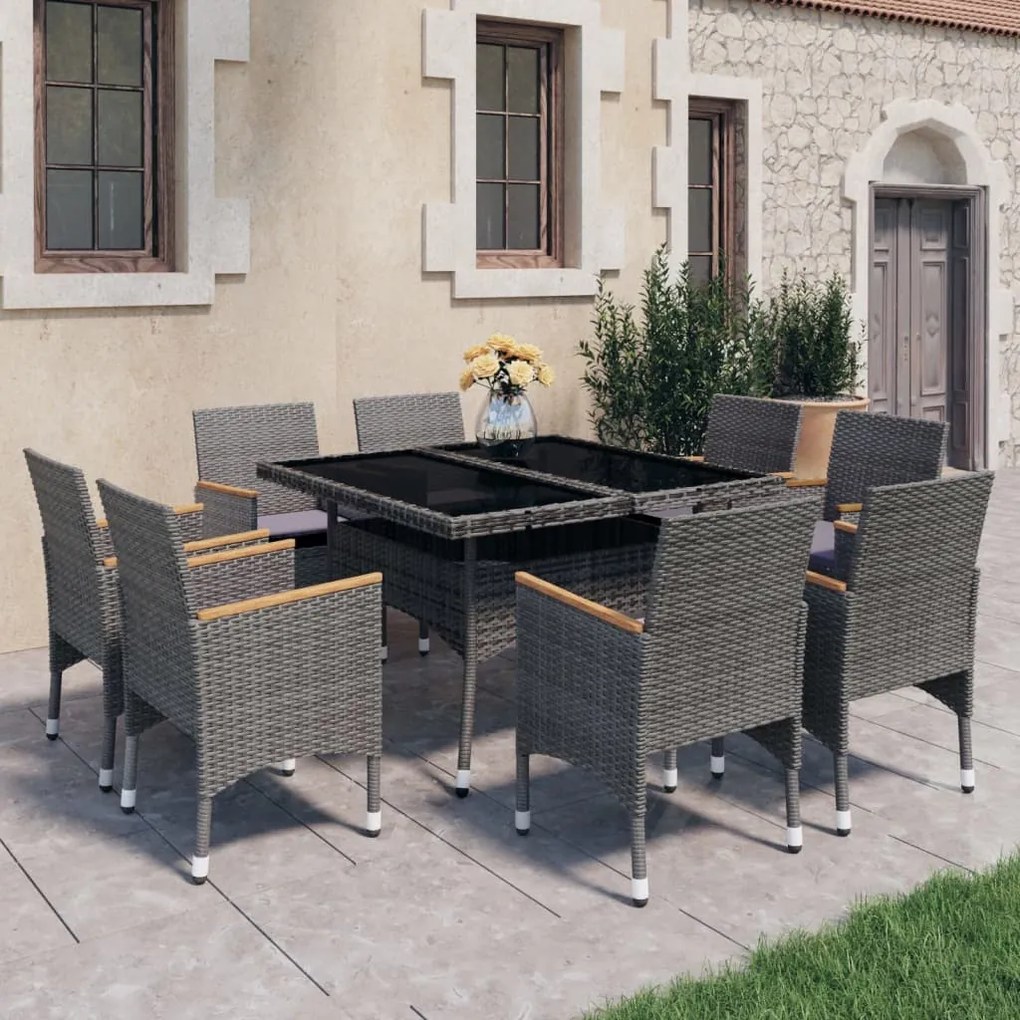 Set mobili da pranzo da giardino 9 pz polyrattan acacia grigio