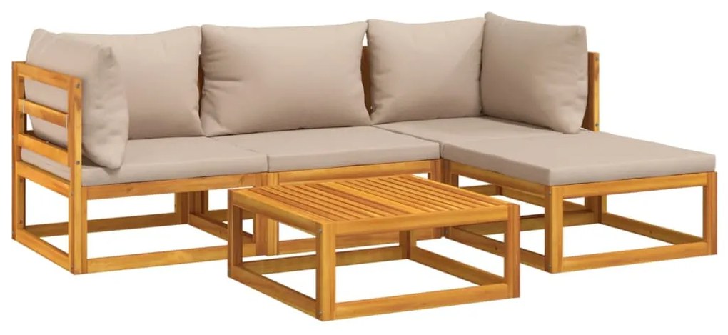 Set salotto da giardino 5pz con cuscini tortora legno massello