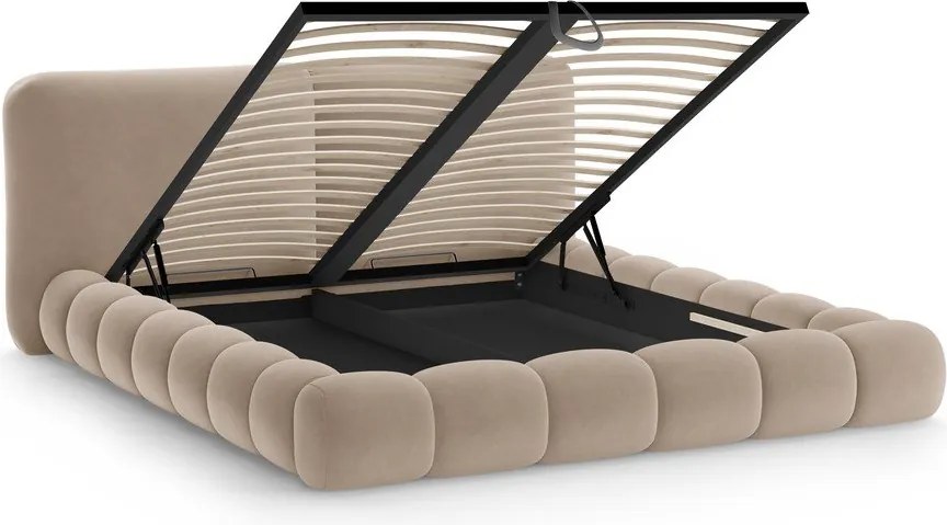 Letto matrimoniale imbottito marrone chiaro con contenitore con rete inclusa 180x200 cm Solange – Micadoni