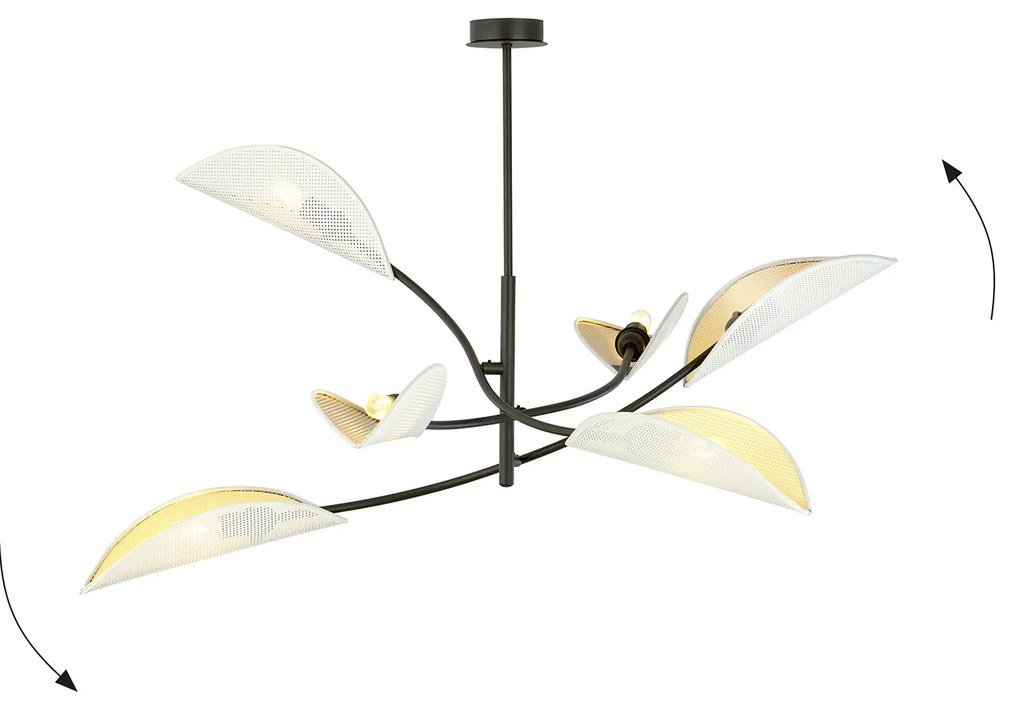 Sospensione Nordica 6 Luci Ares In Acciaio Nero Bianco E Oro Bracci Regolabili