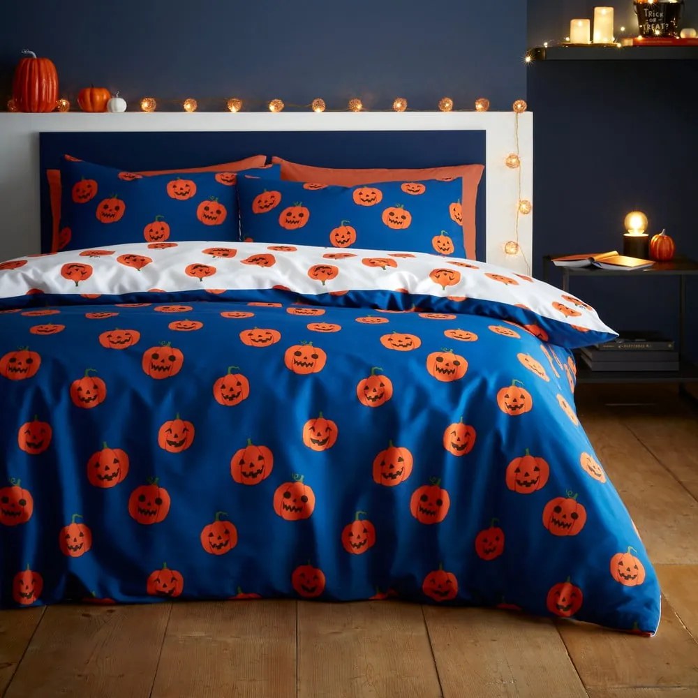 Set copripiumino e federa blu e arancione per letto matrimoniale e per letto esteso 230x220 cm Halloween Pumpkins – Catherine Lansfield