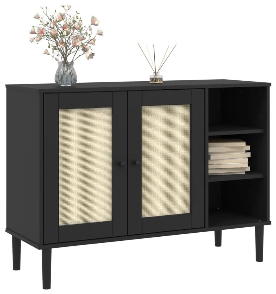 Credenza SENJA Aspetto Rattan Nero 112x40x80 cm Massello Pino