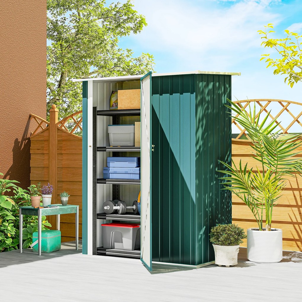 Capanno Porta Attrezzi 142x86x189 cm con Tetto Inclinato e Porta Bloccabile in Metallo Verde...