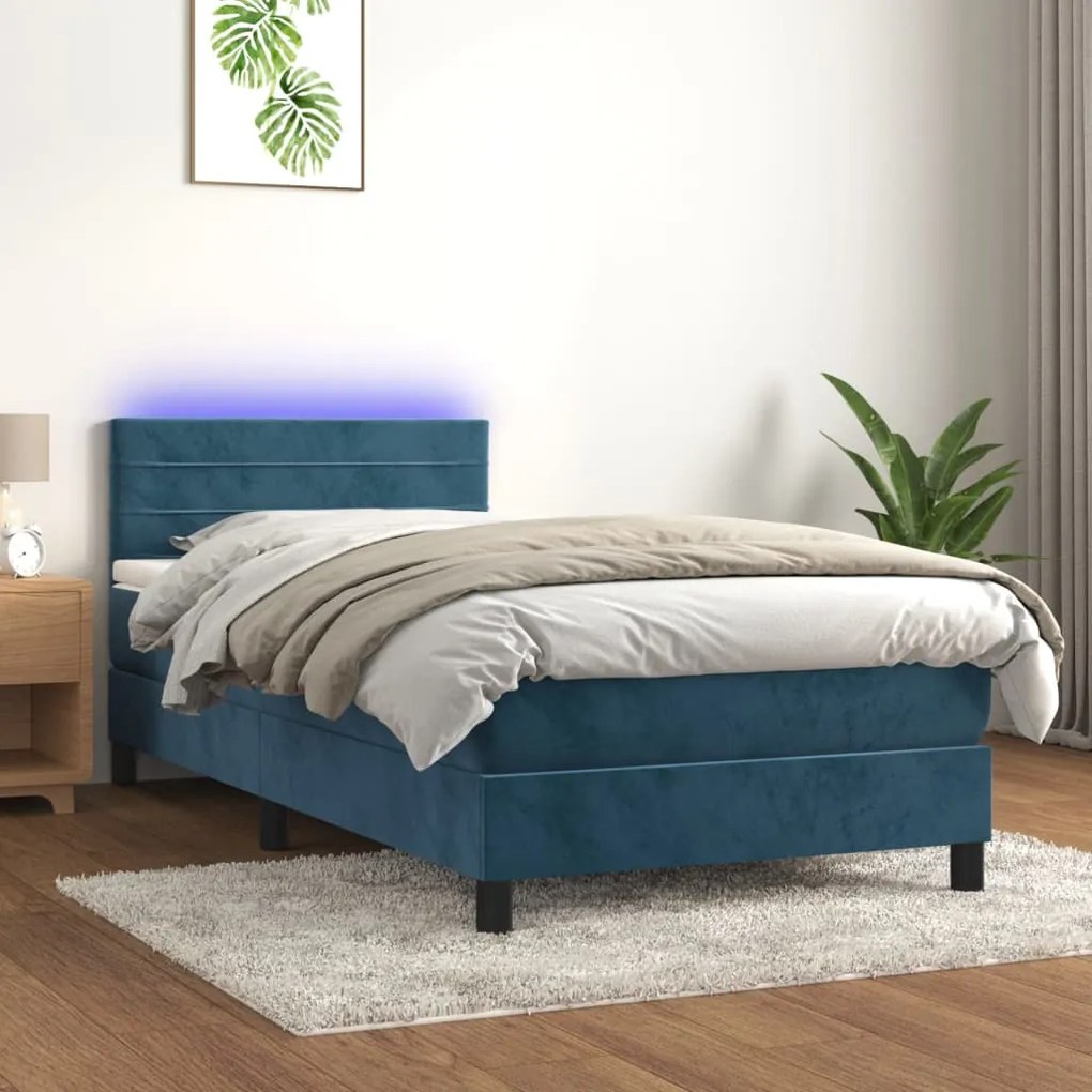 Letto A Molle Con Materasso E Led Blu Scuro 90x190cm İn Velluto /