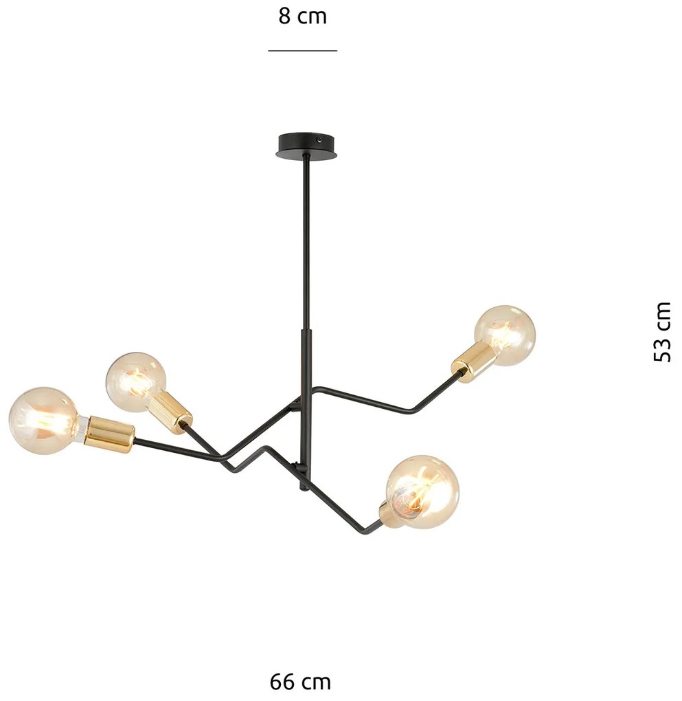 Sospensione Industrial 4 Luci Temi In Acciaio Nero E Oro Bracci Regolabili