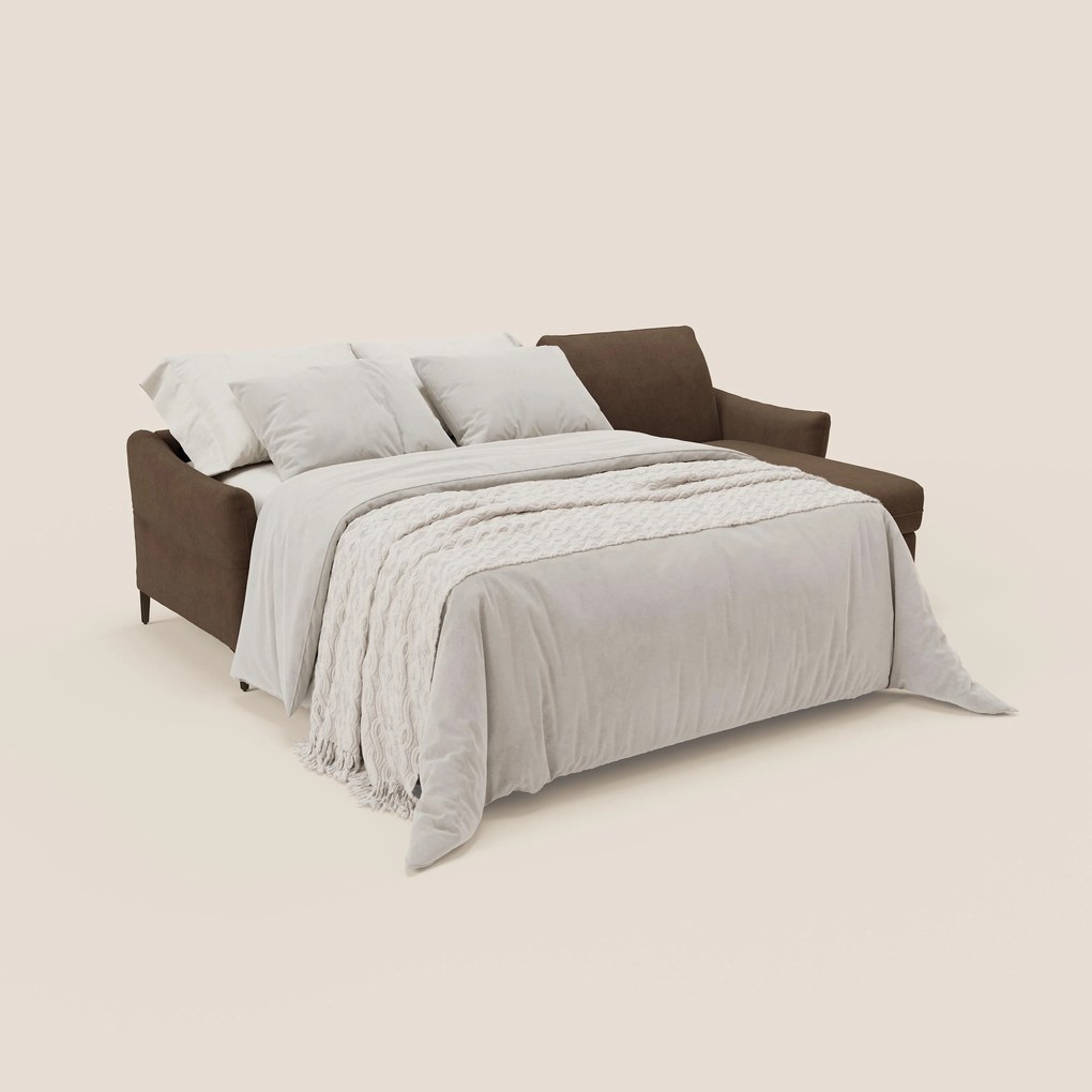 Dalia divano letto angolare con materasso alto 18 cm piedini alti e penisola contenitore in tessuto smacchiabile T17 marrone
