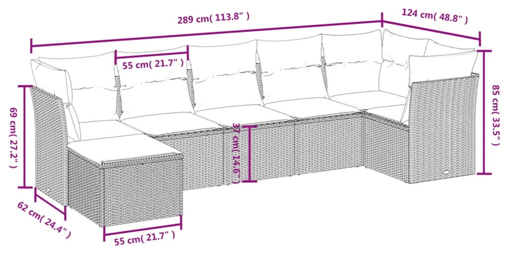 Set divani da giardino 7 pz con cuscini marrone in polyrattan