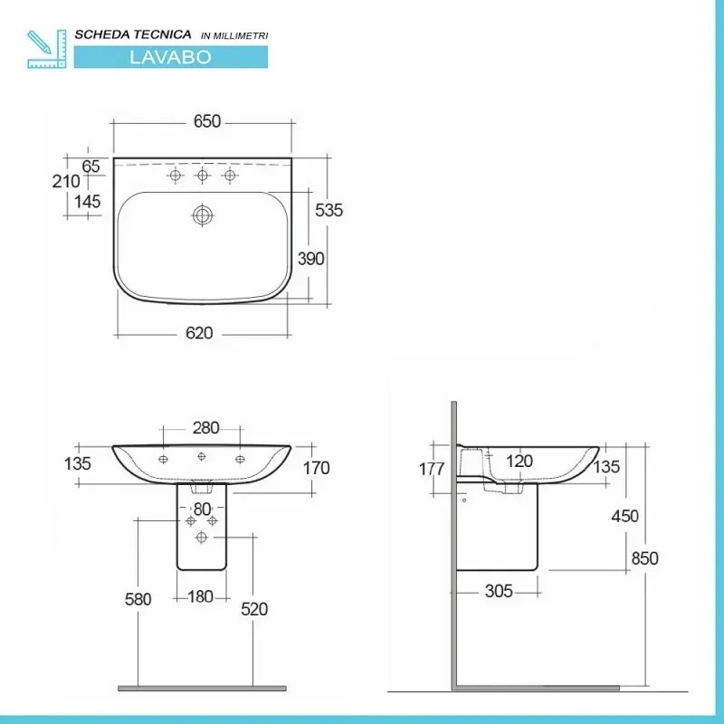 Lavabo sospeso 65 cm con semicolonna in ceramica bianco lucido