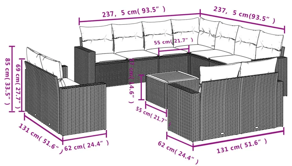 Set divani da giardino 12 pz con cuscini nero in polyrattan