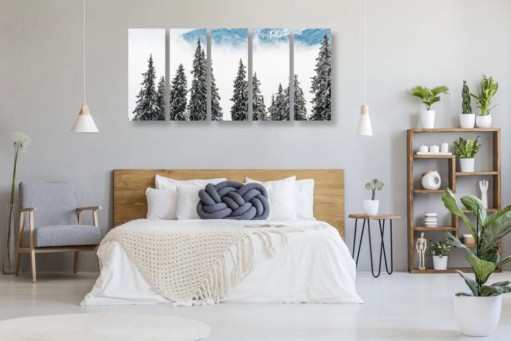 Quadri 5 pezzi – Alberi di pino innevati
