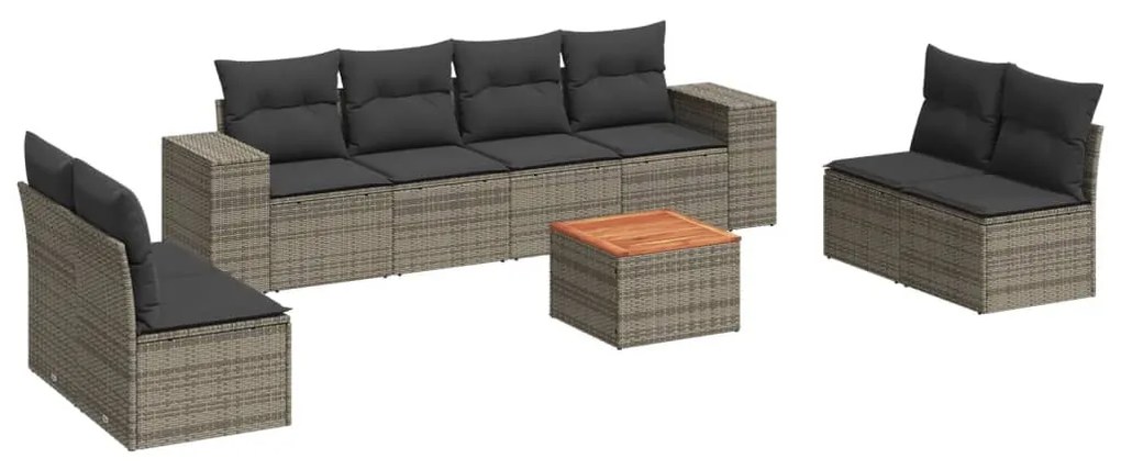 Set Divano da Giardino 9 pz con Cuscini Grigio in Polyrattan