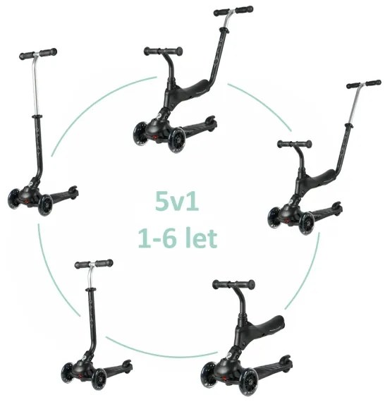 QPlay - Monopattino per bambini con ruote LED 5 in 1 SEMA PRO nero