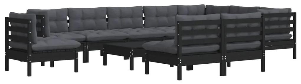 Set divani da giardino 11 pz con cuscini neri in legno di pino