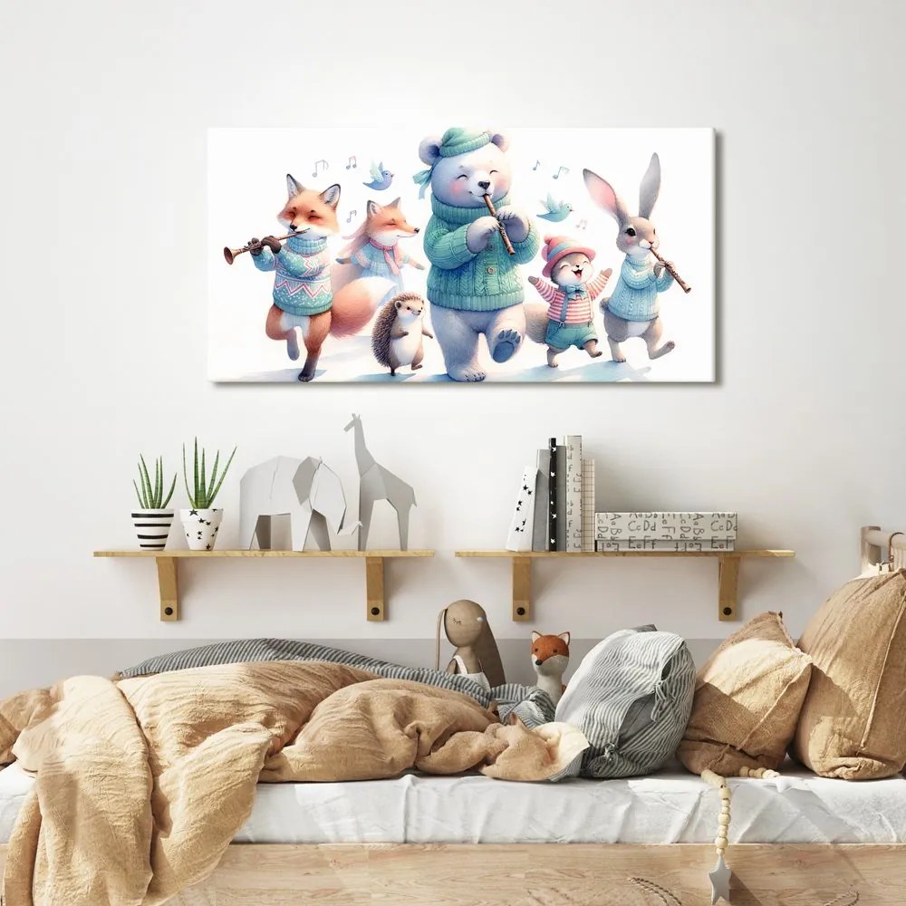 Quadro su tela – Dolci animaletti con flauti in inverno