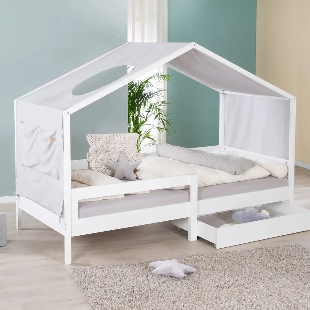 Letto da bambini a forma di casa bianco in legno massiccio con contenitore con rete inclusa 90x200 cm – Roba