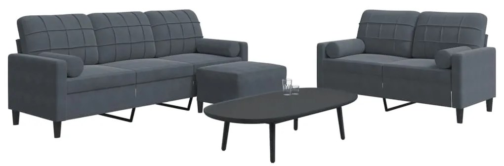 Set Di Divani 3 Pz Con Cuscini Grigio Scuro İn Velluto /