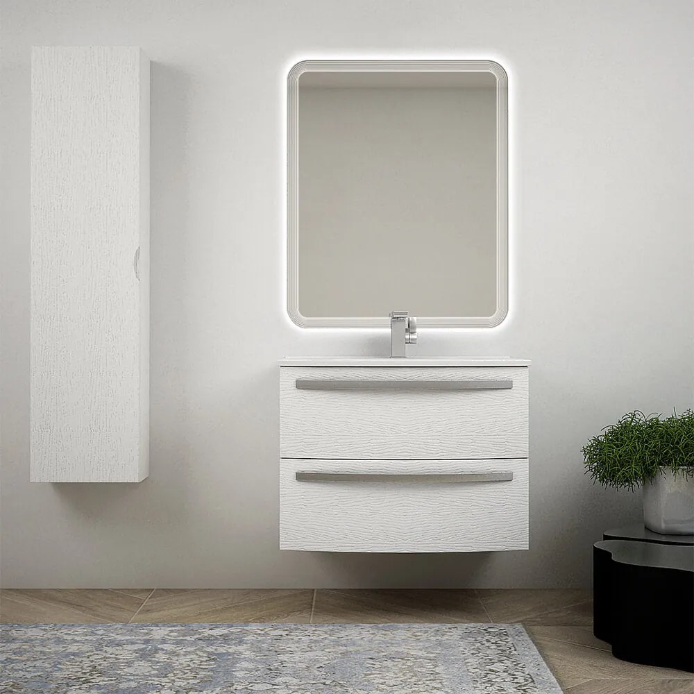 Mobile per bagno 75 cm tondo bianco frassino sospeso - Berlino con specchio led e colonna da 140 cm