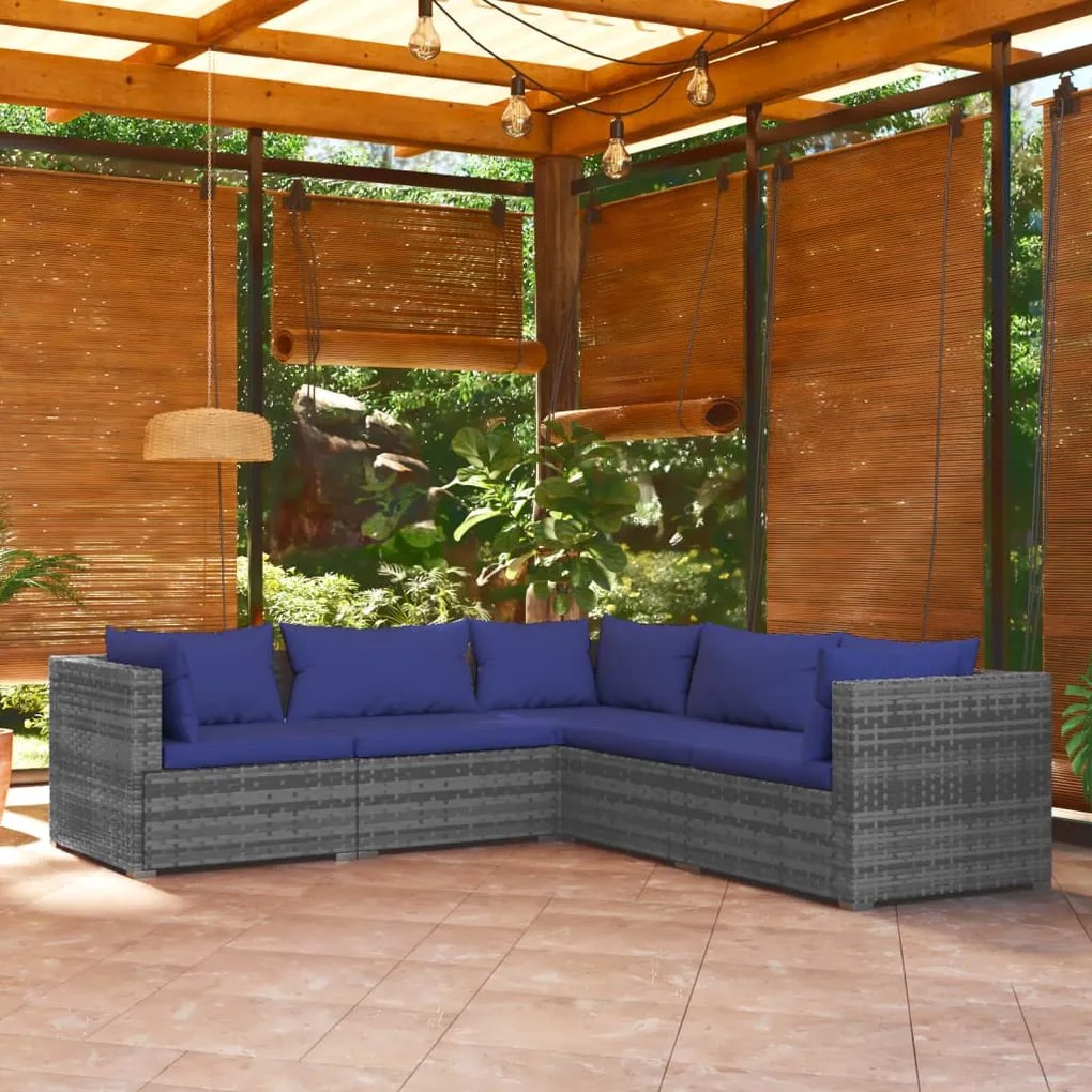 Set Divani da Giardino 5 pz con Cuscini in Polyrattan Grigio