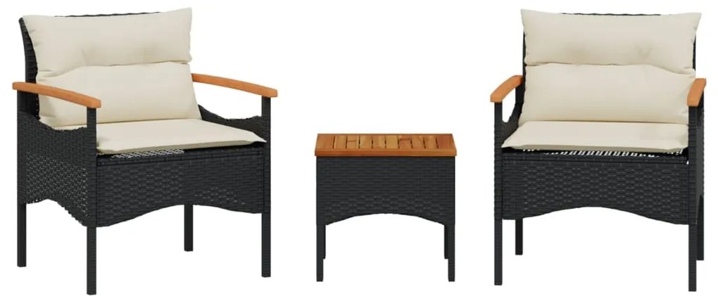 Set divani da giardino 3 pz con cuscini in polyrattan nero