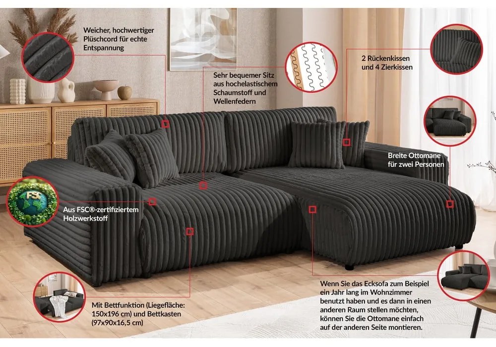 Divano angolare con penisola a destra grigio scuro e rivestimento in velluto a coste allungabile e con contenitore Sarina – Ropez